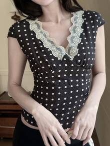 DAZY Women's Lace Patchwork Polka Dot Fitted T-Shirt, Summer - Black and White - View 5