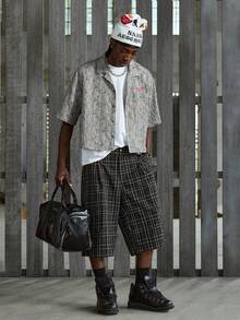 NEON BLANC Men's Button Waist Plaid Wide Leg Knee Length Shorts - Black - View 6