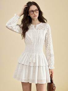 Muvela New Spring/Summer White Collar Tie Bow Hollow Embroidered Patchwork Layered Ruffle Waist Cinched Design Women Dress - White - View 2