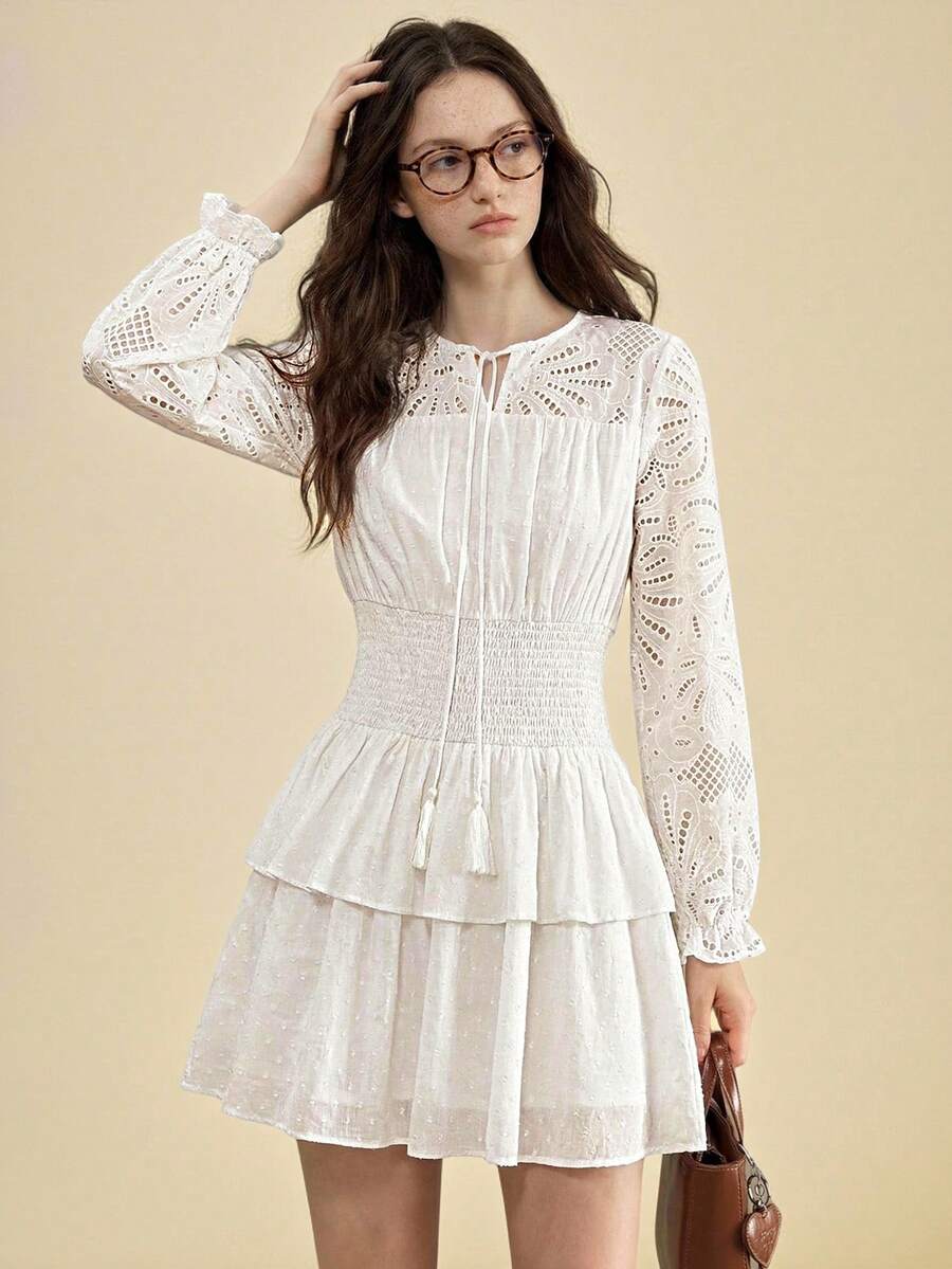 Muvela New Spring/Summer White Collar Tie Bow Hollow Embroidered Patchwork Layered Ruffle Waist Cinched Design Women Dress - White - View 1