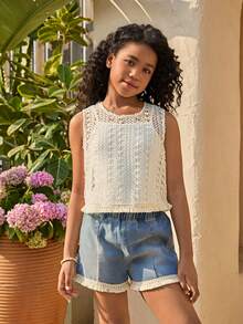 女童休闲度假针织修身吊带背心，夏季细肩带上衣，柔软修身，时尚设计，适合度假、旅行、校园和日常穿着 - 白色 - 查看 3