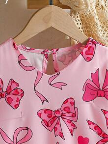 SHEIN Girls' Spring/Autumn V-Neck Long Sleeve Butterfly Print Long Dress, Fashionable And Stylish Casual Outerwear - Pink - View 3