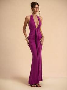 SHEIN BAE Plum, Deep Rose Red Sexy Deep V-Neck Maxi Elegant Halter Dress, Graceful Long Dress For Women, Spring/Summer - Hot Pink - View 6