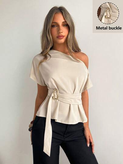 Siren Gaze Women's Solid Color Oblique Collar Metal Button Decor Office Blouse, Slim Fit, Elegant Ladies Shirt For Daily Wear, Teacher Uniform, Back To School, Plain Office Shirt