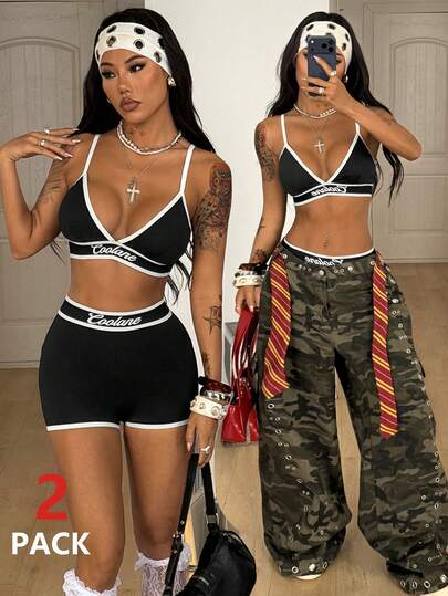 Coolane 女士春夏街头休闲运动装，时尚学院风基础款度假套装，沙滩装，弹力舒适健身瑜伽运动黑色运动文胸比基尼上衣和高腰弹力腰带毛衣短裤运动套装/两件套