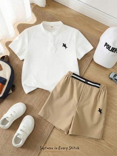 Cozy Pixies 两件套男童卡通马印花立领短袖polo衫和松紧腰长裤，英伦风，适合生日、婚礼、花童等场合