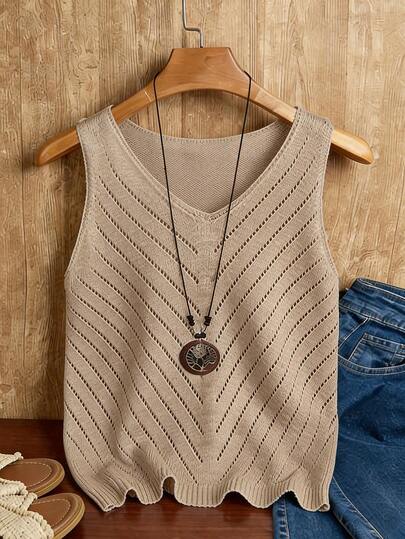 Franclia 大码女式镂空V领纯色针织无袖毛衣背心，春夏休闲时尚上衣