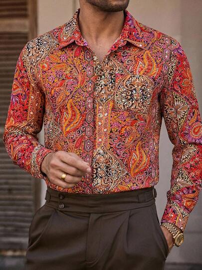 HIMLAND Men's Casual Woven Water Print Paisley Retro Pattern Slim Fit Long Sleeve Shirt Paisley Shirt Men Tapestry Shirt Men Boho Men Shirt Colorful Men Shirt Burnt Orange Men Shirt