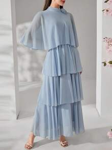 Veilorie Women's Solid Color Stand Collar 3D Floral Decor Multi-Tier Ruffle Hem Elegant Dress - Mint Blue - View 6