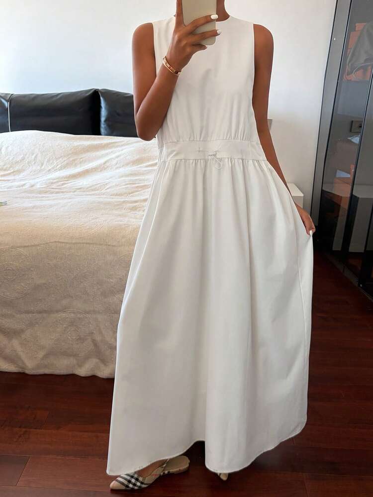 Women's Solid Color Round Neck Drawstring Waist Sleeveless Long Casual Dress