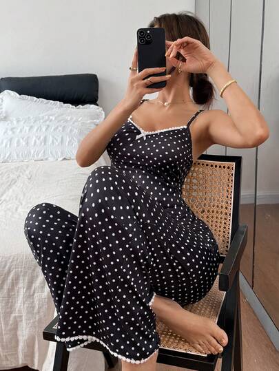 SHEIN Napfluff Comfortable Polka Dot Print Embroidered Lace Bow Strap Women Pajama Set