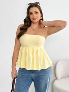 SHEIN Essnce Áo quây màu vàng nhạt dành cho nữ cỡ lớn, thời trang xuân/hè, chất liệu co giãn, thoải mái, cơ bản, đa năng, tôn dáng, vải có họa tiết, thích hợp mặc hàng ngày, trang phục mùa hè, áo đi chơi, trang phục đi nghỉ mát, quần áo dễ thương cho người có đường cong quyến rũ. - Màu vàng - Xem 6