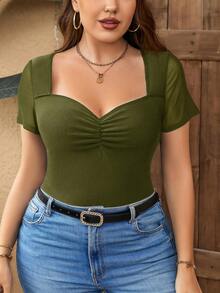 SHEIN Privé Camiseta de verano minimalista con cuello de volantes de malla de color contrastante - Verde militar - Ver 6