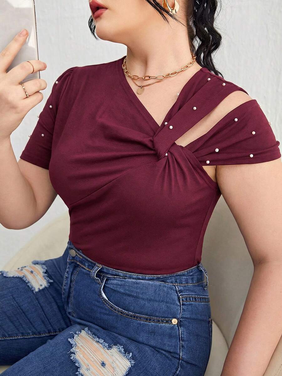 SHEIN Privé 大码优雅串珠不对称领T恤,夏季 - 鏽棕色 - 查看 1