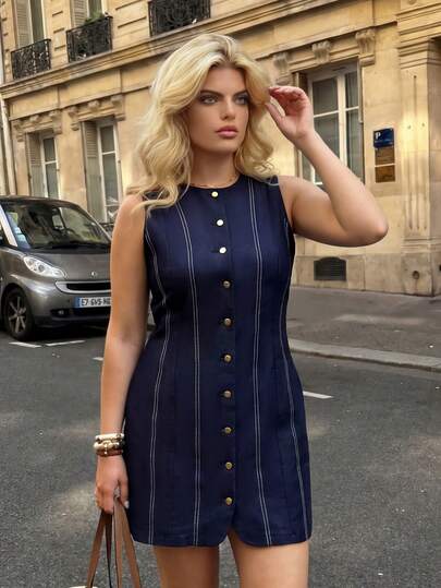 Dripcurv 大码夏季休闲前扣无袖连衣裙