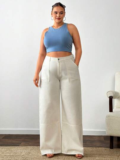 SHEIN Plus Size, Utility Pocket Details, Stitch Detail: Wide Leg,