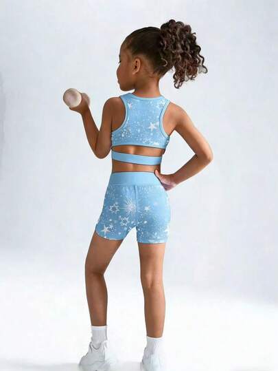 Bộ đồ thể thao 2 món cho bé gái, gồm áo không tay và quần short in họa tiết nhuộm màu/ngôi sao, thích hợp cho kỳ nghỉ, thể thao, hoạt động ngoài trời, mọi mùa.