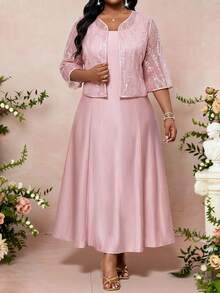 SHEIN Lady Plus Size Women Elegant Sleeveless Dress & Jacket 2 Pieces Set,Dusty Pink Summer Sparkly Formal Dress For Women,Wedding Ninang Luxury 2 Pieces Sets - Pink - View 7