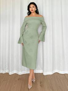 Feyla 女士优雅收腰中长连衣裙，露肩袖设计，开衩剪裁，适合约会和派对穿着 - 綠色 - 查看 6