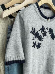 SHEIN Franclia 新款休闲宽松碎花甜美复古女式针织毛衣，春秋季 - 淺灰色 - 查看 5