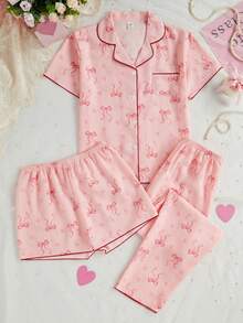 3件組青少年女孩粉色睡衣套裝，夏季仙女度假家庭款，甜美蝴蝶結與愛心印花短袖領口開襟衫、短褲與長褲 - 粉色 - 查看 8