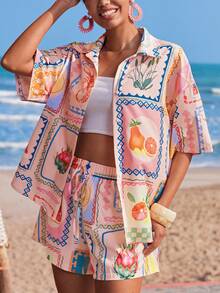 Travachic 2026 New Tropical Fruit Print Shirt And Shorts 2 Pieces Set, Women Summer Vacation Casual - Multicolor - View 7