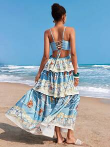 Travachic 女士海星贝壳印花镂空褶皱休闲度假约会吊带长裙 - 灰藍色 - 查看 2