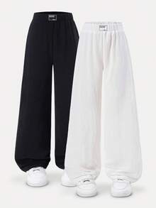 Casuvi Kids 2pcs/Set Fashionable Textured Pants For Tween GirlsSuitable For School, Outdoor, Spring/Summer/Autumn - Black - View 1