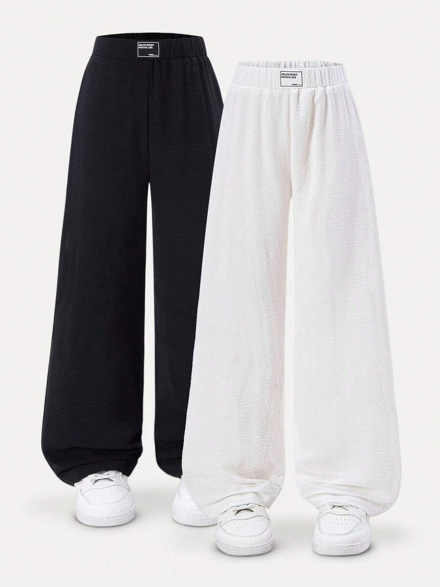 Casuvi Kids 2pcs/Set Fashionable Textured Pants For Tween GirlsSuitable For School, Outdoor, Spring/Summer/Autumn - Black - View 1