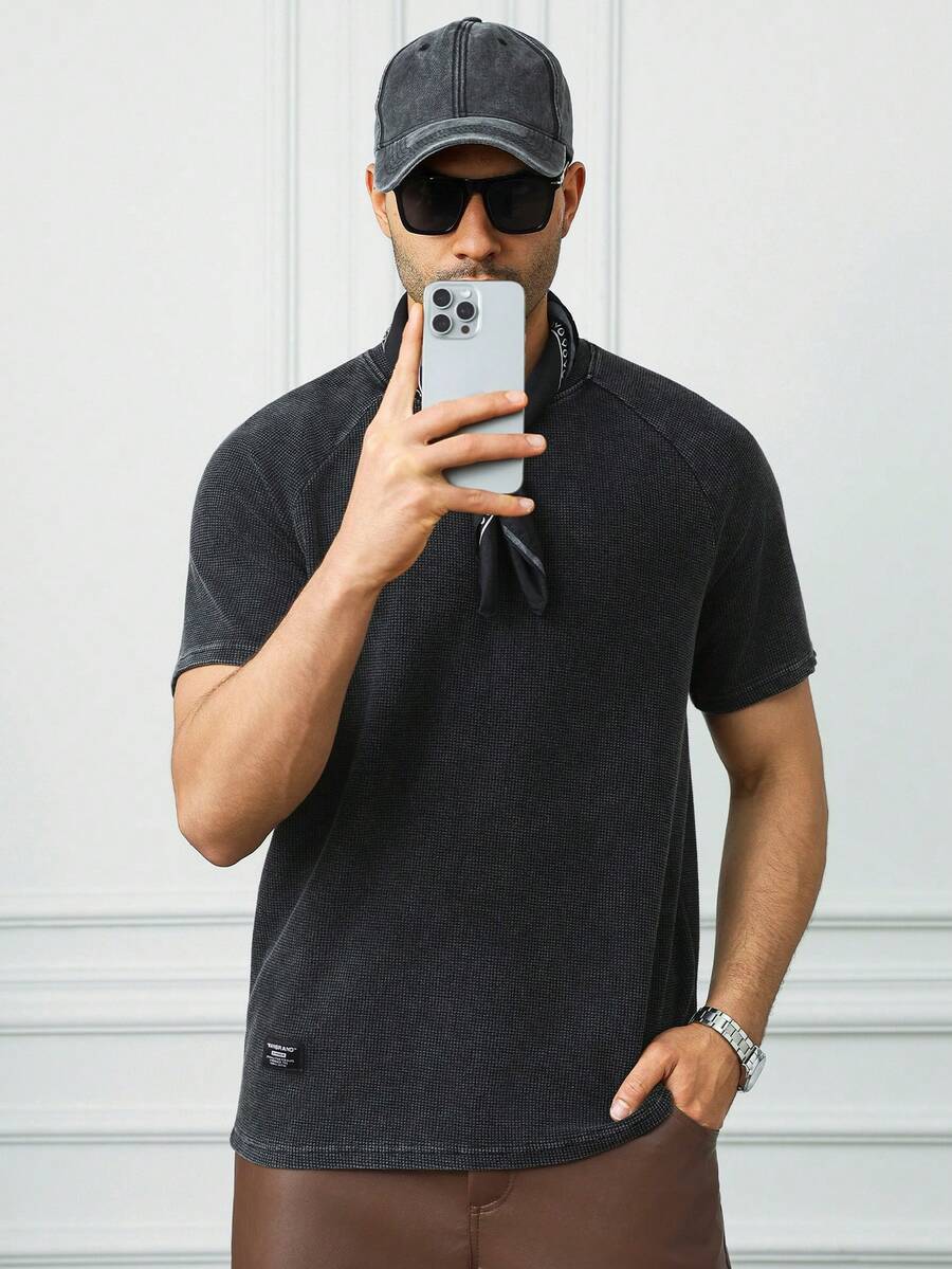 HUEFORM Men's Casual Retro Washed Waffle T-Shirt, Summer - Black - View 1