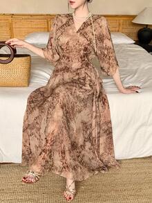 DAZY 女士夏季休闲度假风印花交叉领裹身系腰连衣裙 - 淺綠色 - 查看 8