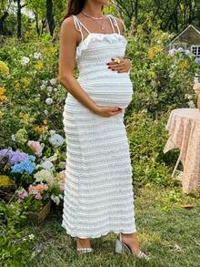 SHEIN 孕妇纯色荷叶边修身夏季吊带连衣裙 - 白色 - 查看 3