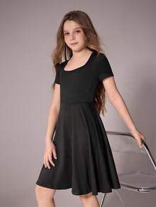 Tween Girl Casual Vacation Black Knit Dress, Comfortable & Soft, Versatile For Spring/Summer Outing, Vacation, Travel - Black - View 4