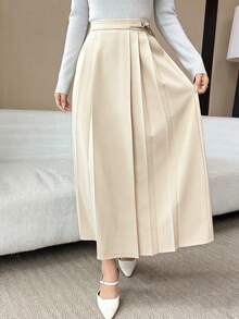 DAZY 女士优雅纯色裹身百褶裙，秋季 - 杏色 - 查看 6