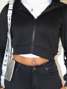 Steph T Zip Up Drawstring Crop Hoodie,Long Sleeve Tops Graduation,Back To School Outfits,Graduation,Teacher Outfits For Women,Back To School In Fall/Winter - Black - View 6