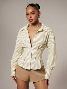 Hauture 女士休闲通勤条纹腰部纽扣前开襟长袖衬衫，秋季款 - 黃色 - 查看 4