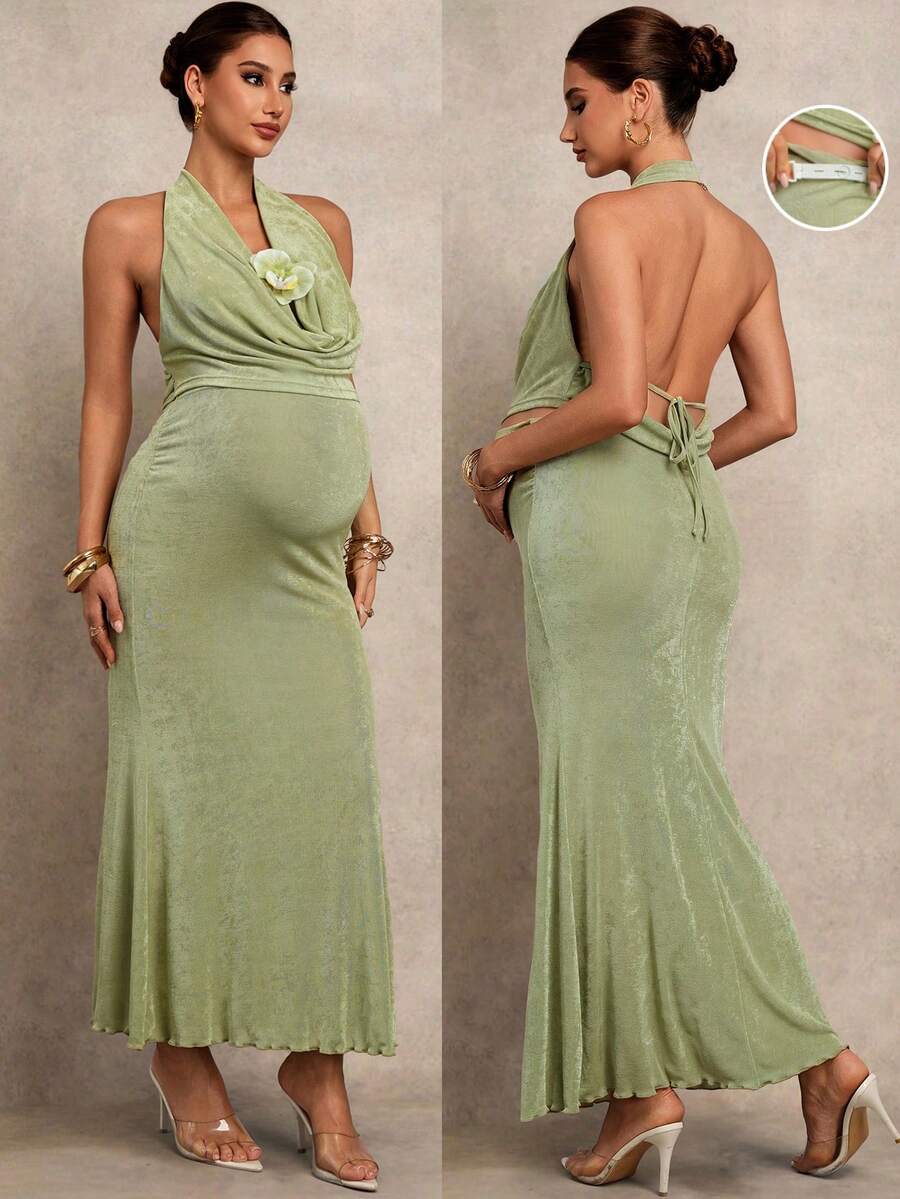 MaterniChic Bộ đồ bầu 2 món: Áo tank cổ đổ + Chân váy đuôi cá ôm sát eo điều chỉnh được, trang phục bầu thanh lịch. - màu xanh lá - Xem 1