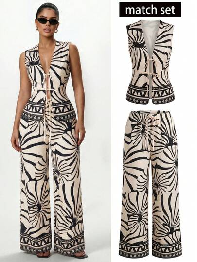 SHEIN SXY Women's Vacation Beach Tie-Front Floral Print Shirt Vest,Summer, Spring,Beach,Going Out,Vacation