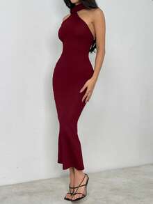 SHEIN PETITE Solid Halter Neck Backless Bodycon Dress Long Bodycon Dress Long Sexy Dress - Burgundy - View 10