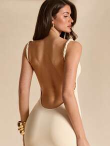 SHEIN BAE 杏色露背无袖修身连衣裙，针织连衣裙，优雅女士长裙，适合度假、海滩、郊游、春夏穿着 - 杏色 - 查看 5