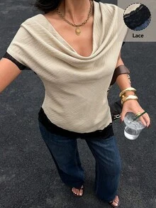 Siren Gaze Women's Spring/Summer New Arrival Ruffle Collar Sleeveless Lace Patchwork Blouse, Elegant Fitted Shirt - Apricot - View 5