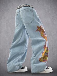 Manfinity EMRG Faded Blue Straight Loose Fit Denim Jeans With Graphic Print Slogan, Casual Street Style For Spring/Summer Graphic Baggy Jeans Flame Pants - Blue - View 2