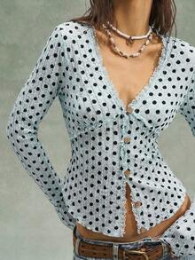 Bohemela Spring & Summer BOHO Vacation Valentine's Day Music Festival Casual Polka Dot V-Neck Long Sleeve Knit Blouse For Women - Blue - View 6