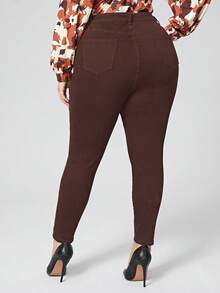 SHEIN LUNE Jeans skinny di colore tinta unita con tasche inclinate, adatti per uso quotidiano e versatili, taglie comode per donne - Castano - Visualizzare 3