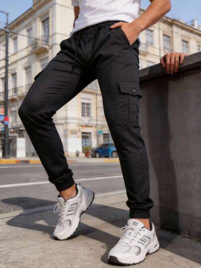 Pantalón para hombre estilo casual cargo, con múltiples bolsillos, tela de algodón, sin estampado, corte holgado, largo, para primavera y otoño, ideal para oficina, deporte y uso versátil