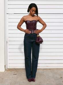 Yess Loren Women's Burgundy Fashion Sexy Faux Leather Corset, Burgundy Top, Leather Top, Corset For Halloween, Christmas Party, Club Top, Party Top, New Year Top,Halloween,Going Out Top - Burgundy - View 5