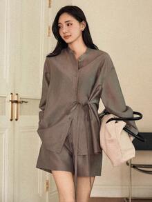 Dazy-Less 女士休闲系带前开襟衬衫和短裤两件套，秋季款 - 灰色 - 查看 6