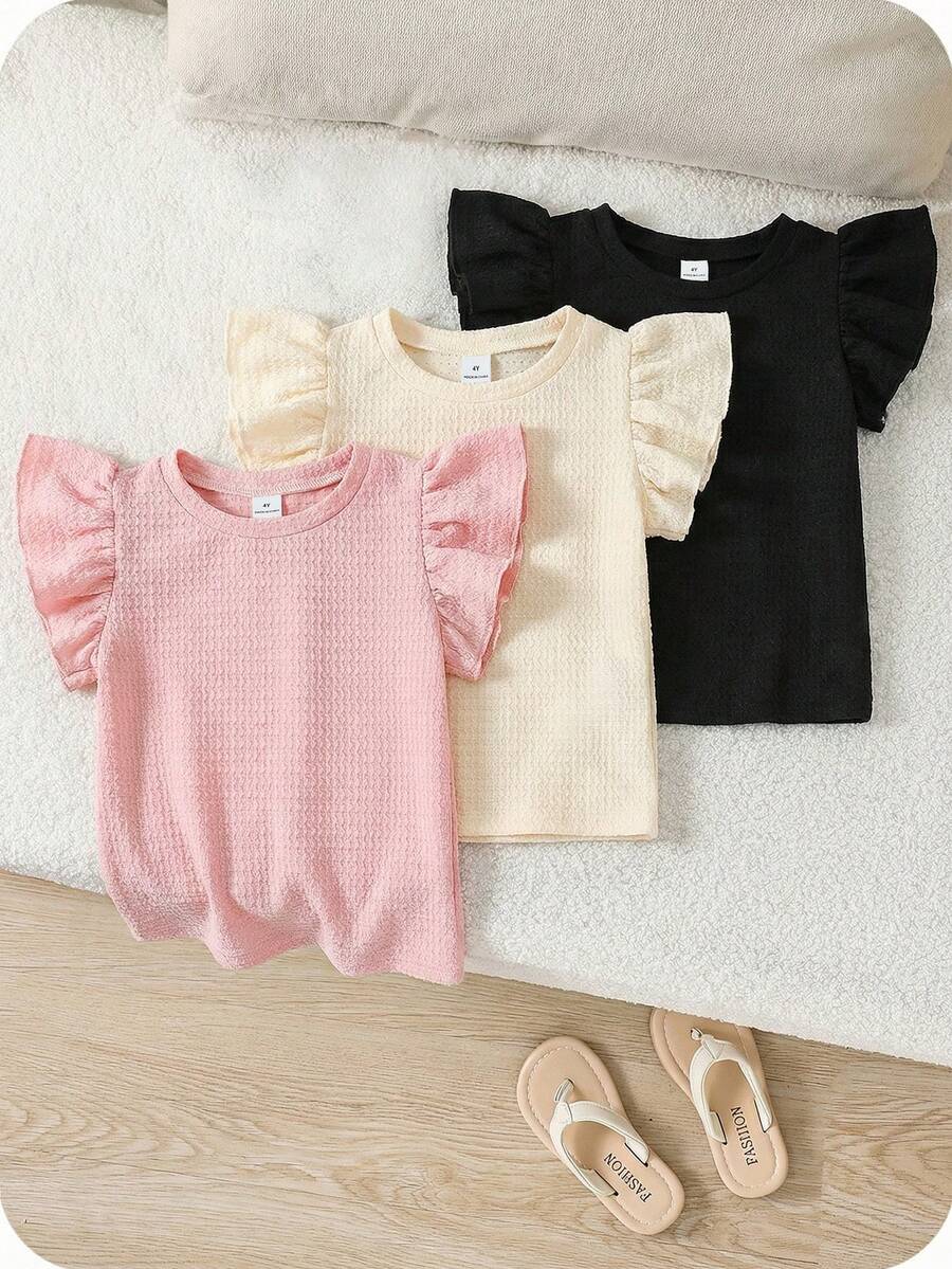 SHEIN 3件套女童纯色圆领荷叶边修身T恤套装 - 彩色 - 查看 1