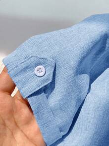 SHEIN Áo sơ mi tay ngắn cổ đứng trơn dáng rộng thoải mái LMoss Kids dành cho bé trai (1 chiếc) - Màu xanh nhạt - Xem 5