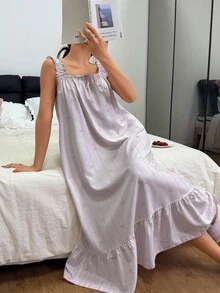 Floral Ruffle Hem Bow Tie Romantic Women Loose Long Nightgown - Baby Pink - View 5